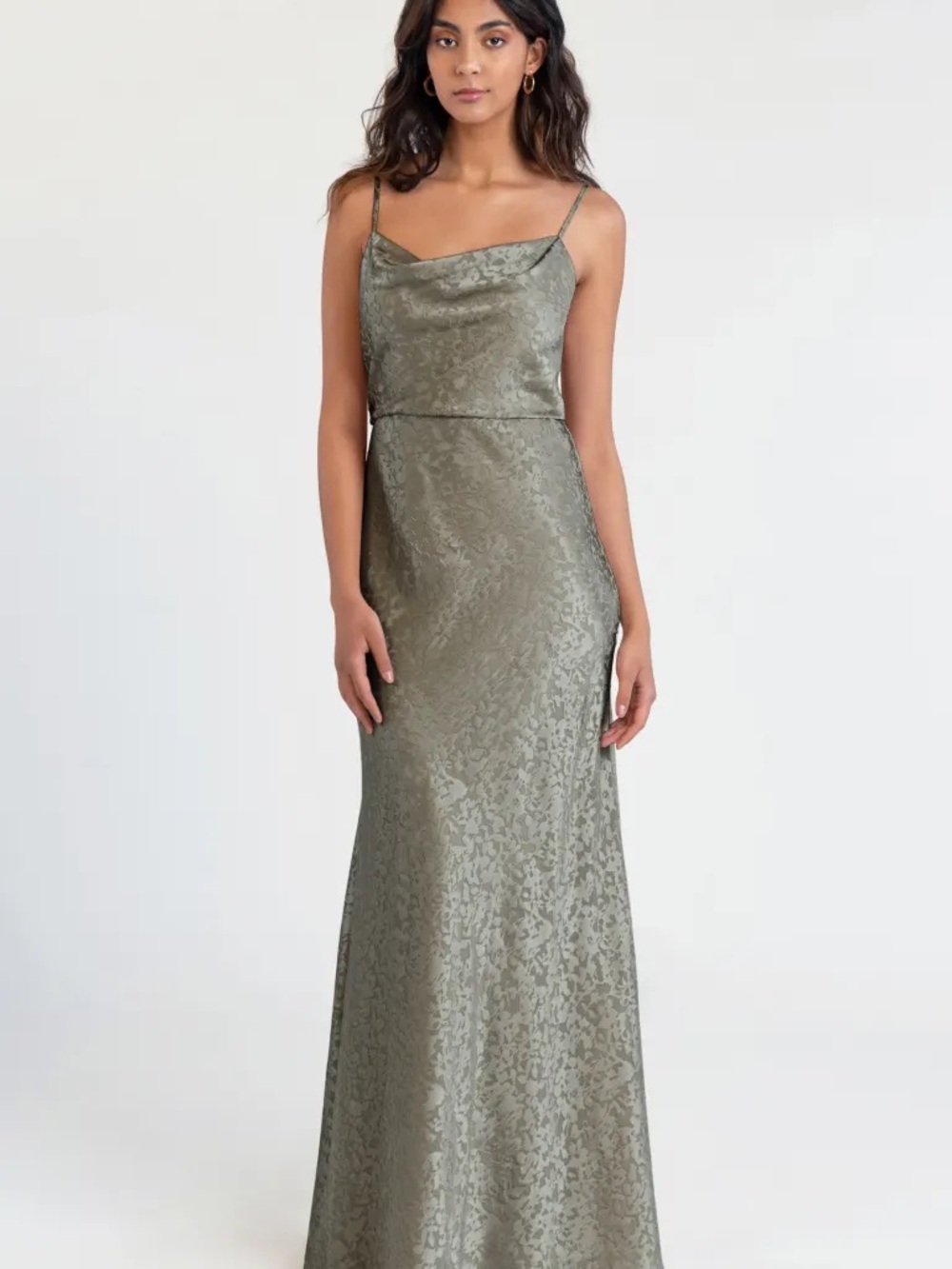 Jenny Yoo Olive Satin Cowl-Neck Maxi Dress